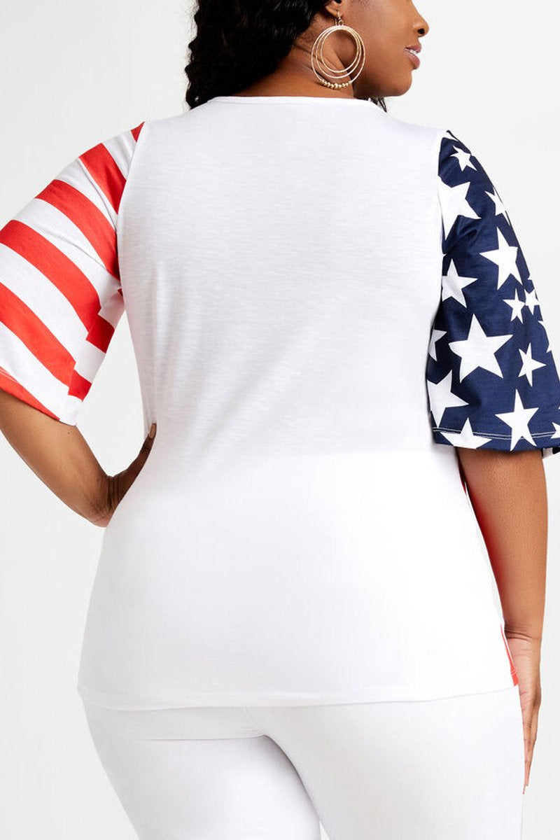 Plus Size American Flag Print V Neck Top