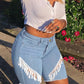 Plus Size Denim High Waist Tassel Hem Shorts