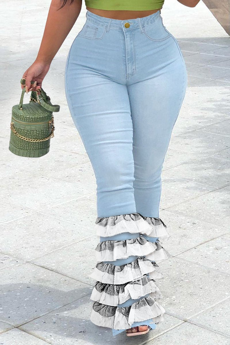 Plus Size Denim Lace Hem High Waist Flared Jeans