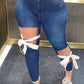 Plus Size Denim Hole Distressed Lace-up Jeans