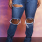 Plus Size Denim Hole Distressed Strapped Flared Jeans