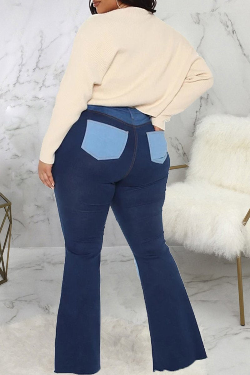Plus Size Denim Patchwork Button Up Flared Jeans