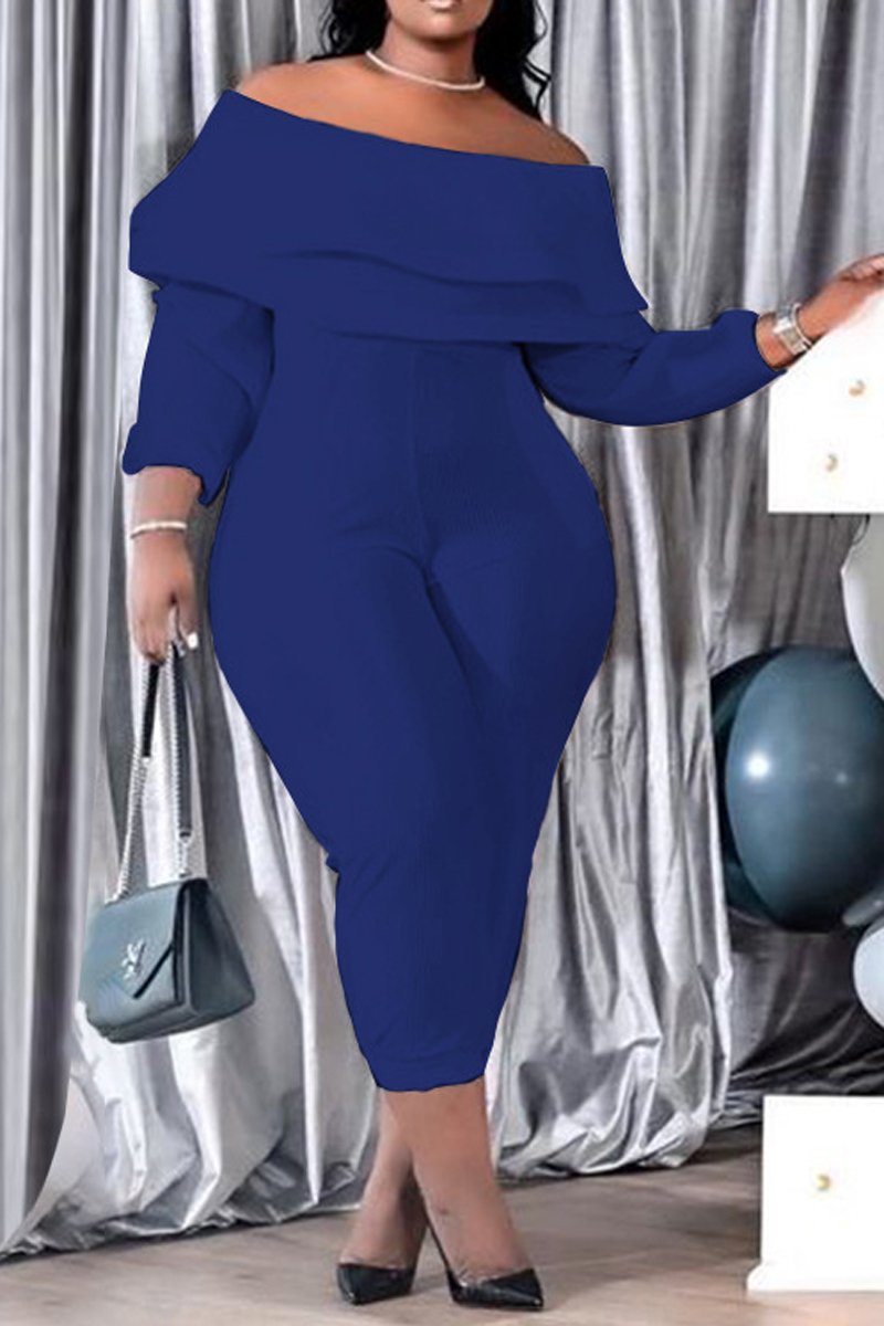 Plus Size Boat Neck Ruffle Long Sleeve Jumpsuit