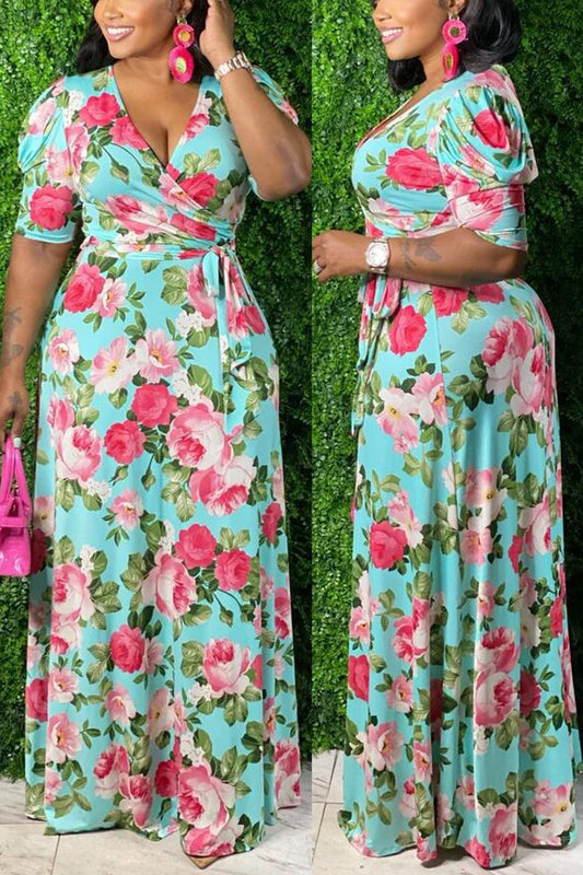 Plus Size Floral Print Lace Up V Neck Maxi Dress