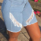 Plus Size Denim High Waist Tassel Hem Shorts