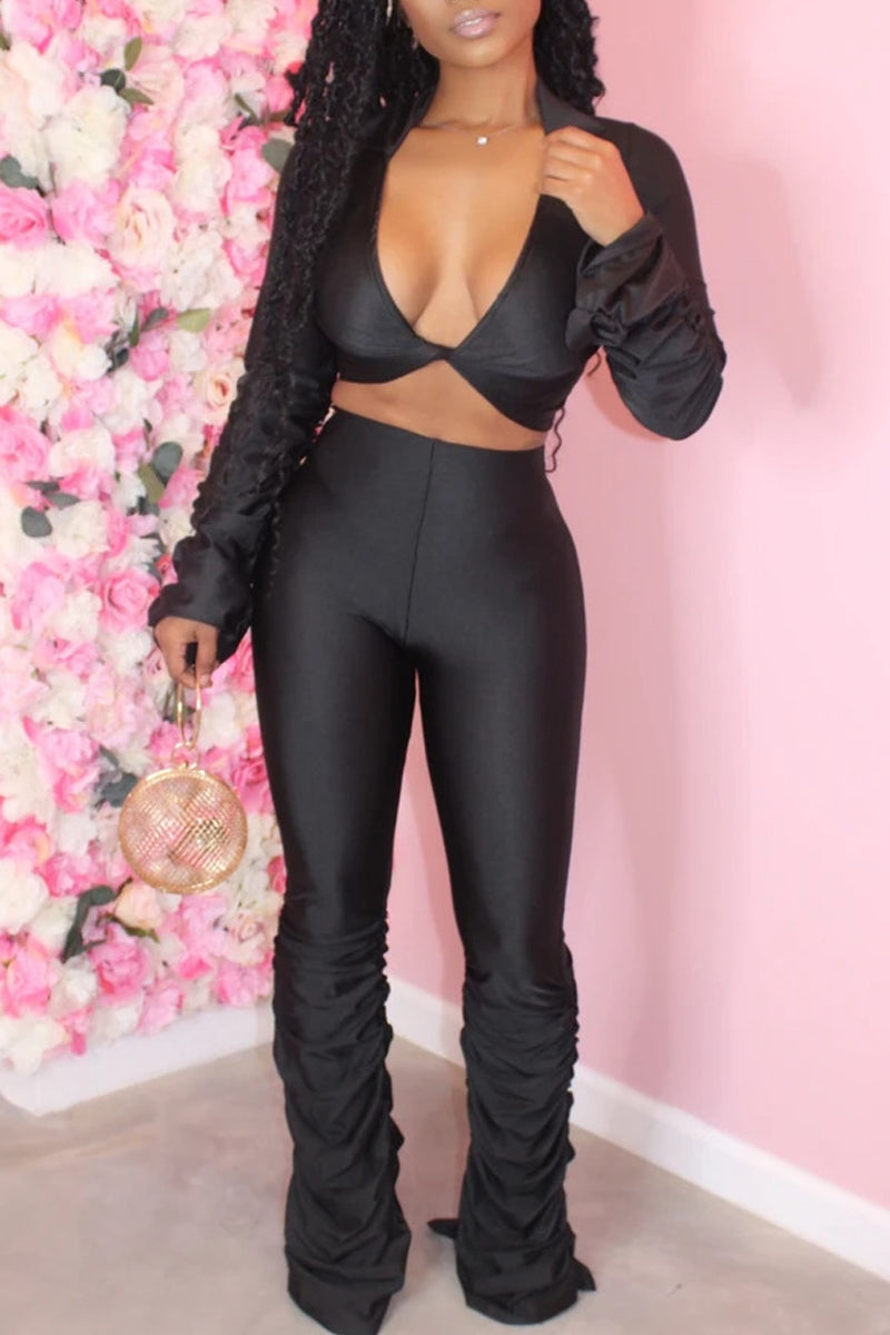 Pleated Deep V-Neck Flared Two Piece Sets