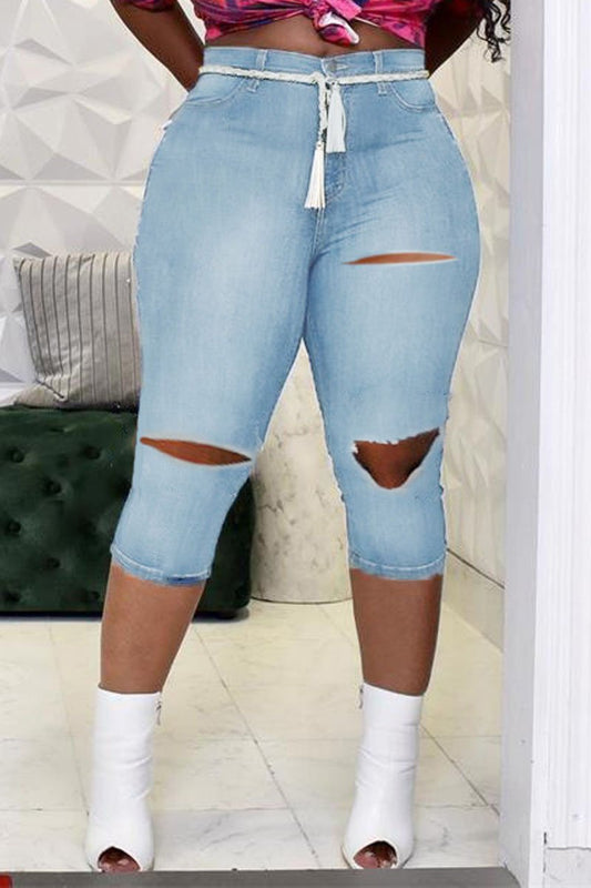 Plus Size Drawstring Hole Distressed Jeans