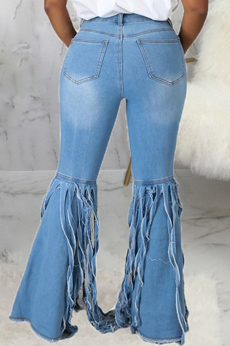 Plus Size Denim Hole Distressed Tassel Hem Jeans