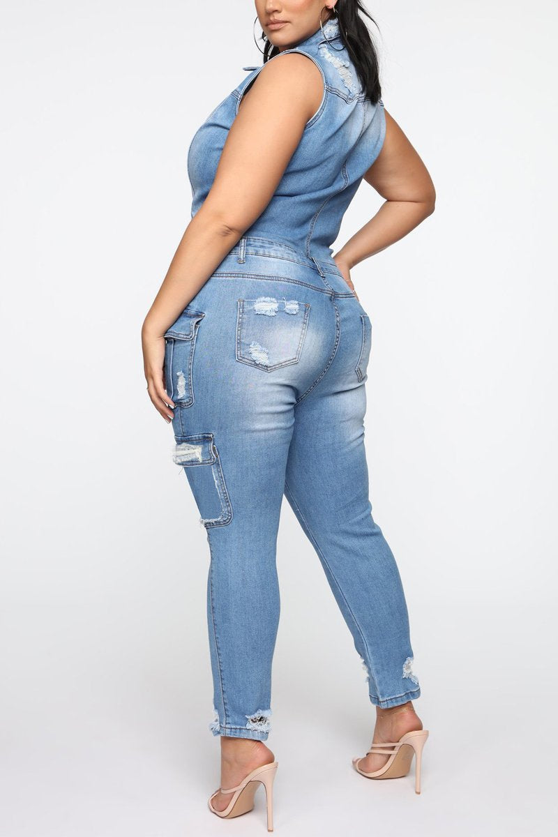 Plus Size Denim Ripped Sleeveless Jumpsuit