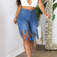 Plus Size Denim Tassel Hem Pocket Shorts