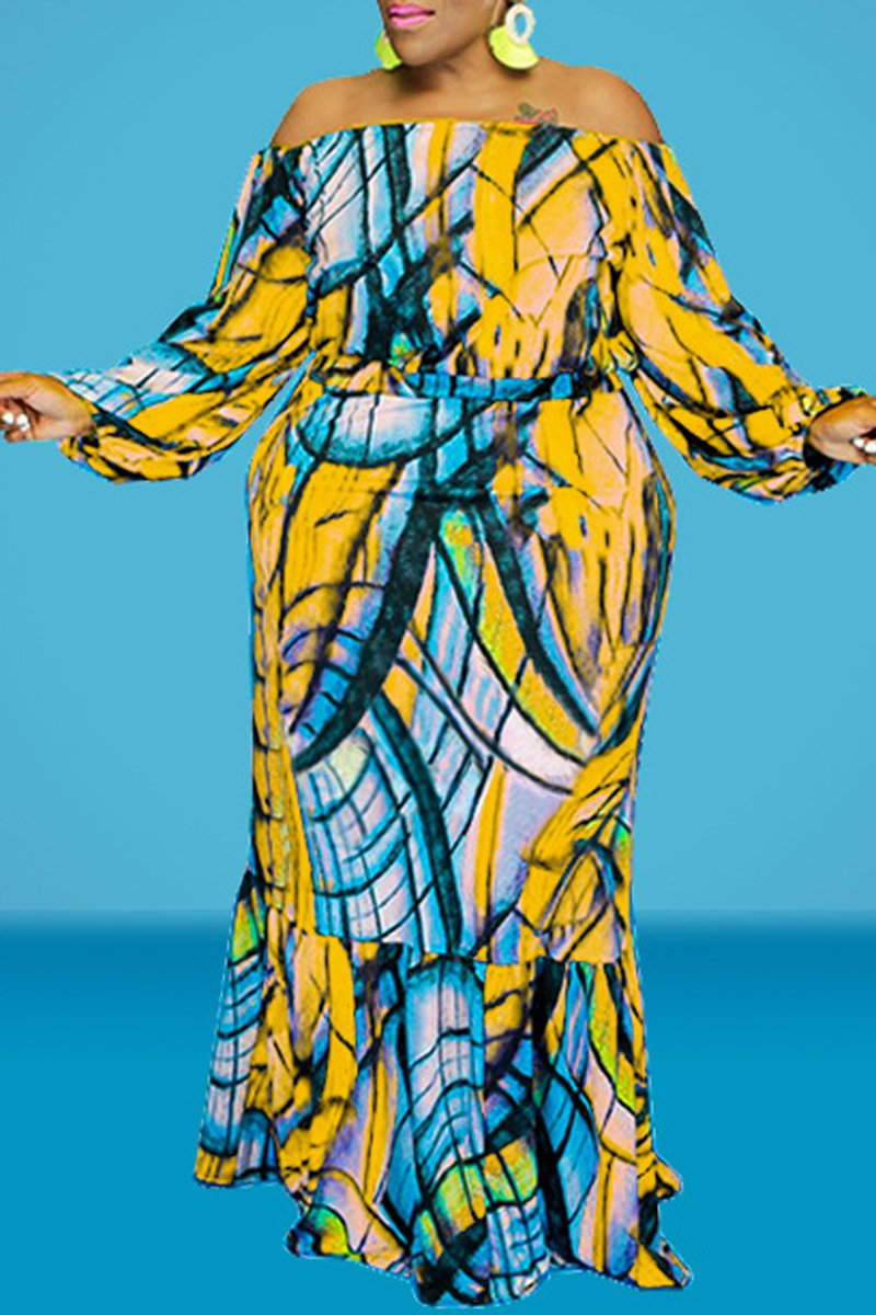 Plus Size Digital Print Puff Sleeve Two Piece Sets