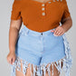 Plus Size Denim Tassel Hem Pocket Shorts