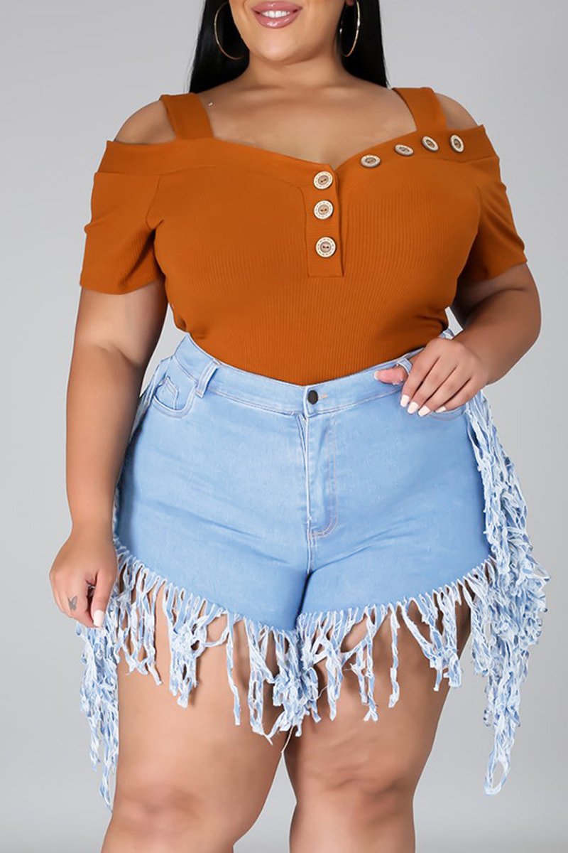 Plus Size Denim Tassel Hem Pocket Shorts