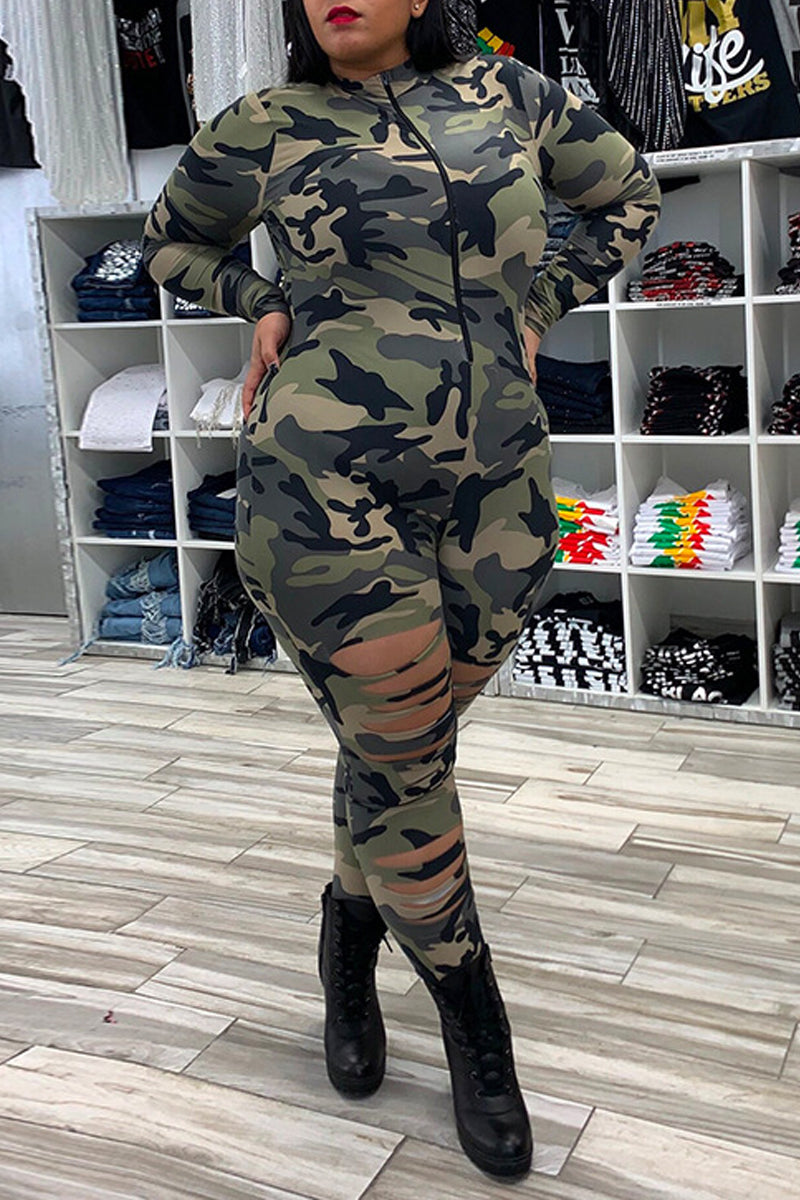 Plus Size Camouflage Print Distressed Jumpsuit