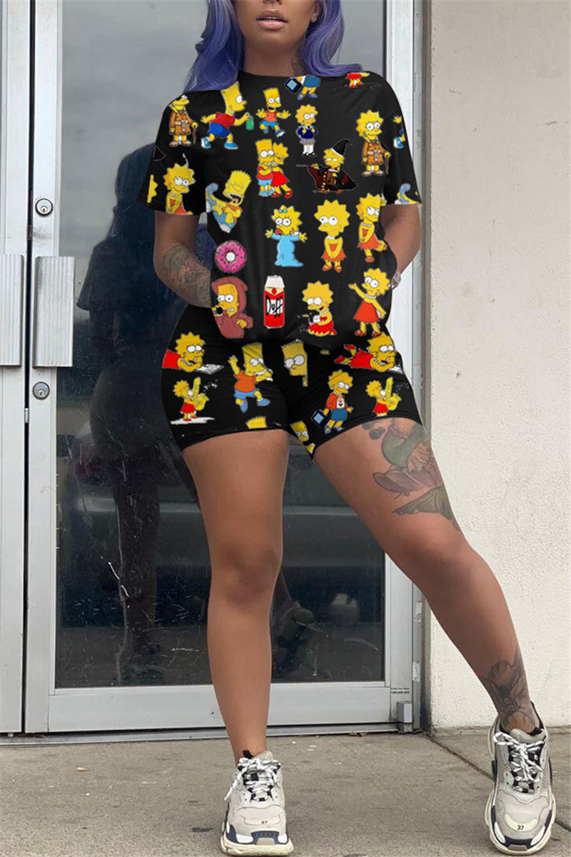 Plus Size Cartoon Print Casual Two Piece Sets