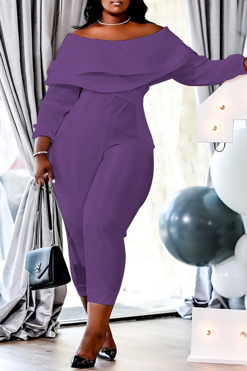 Plus Size Boat Neck Ruffle Long Sleeve Jumpsuit