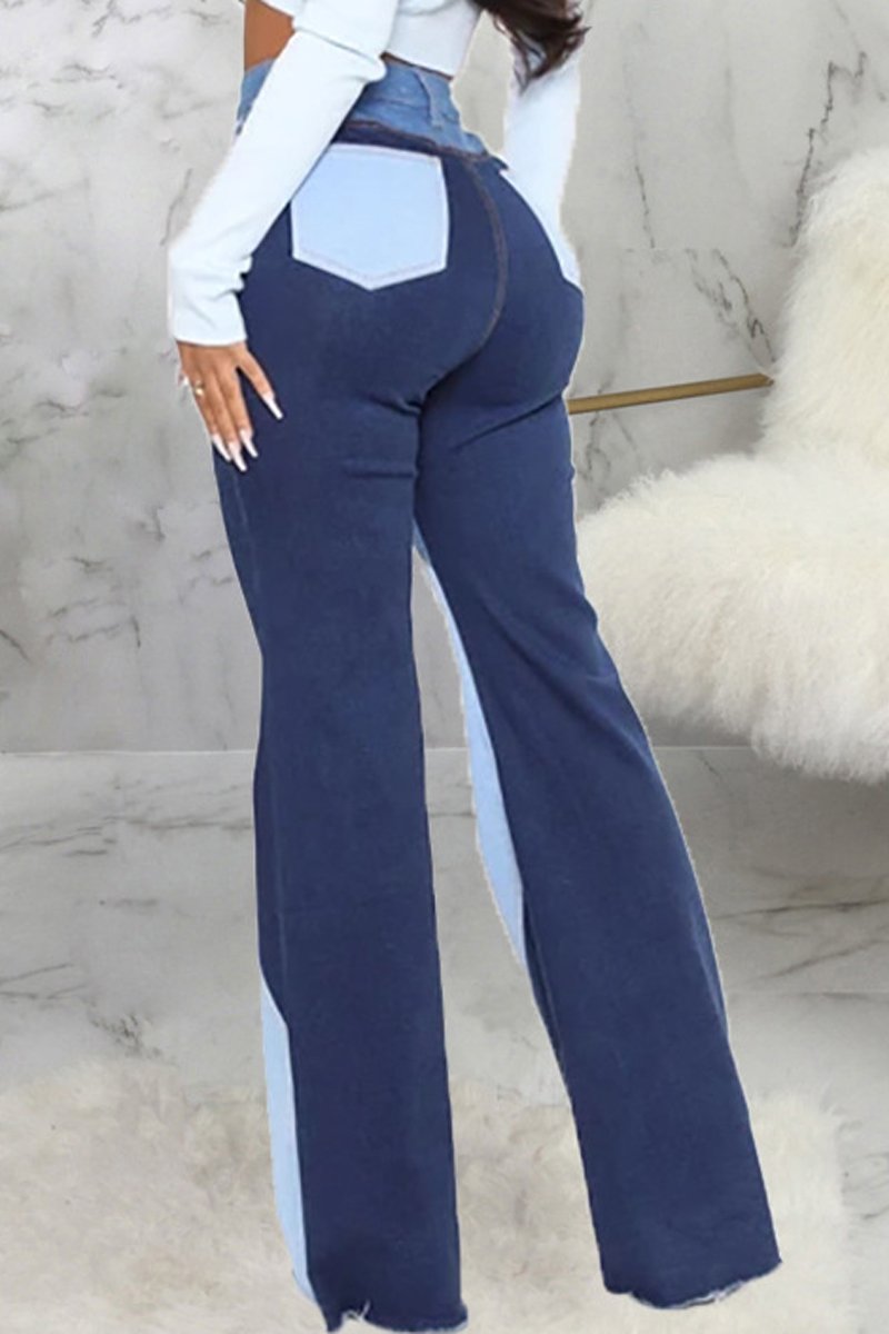 Plus Size Denim Patchwork Button Up Flared Jeans
