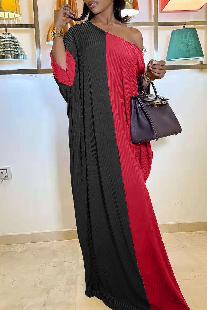 Plus Size Color Patchwork Skew Neck Maxi Dress