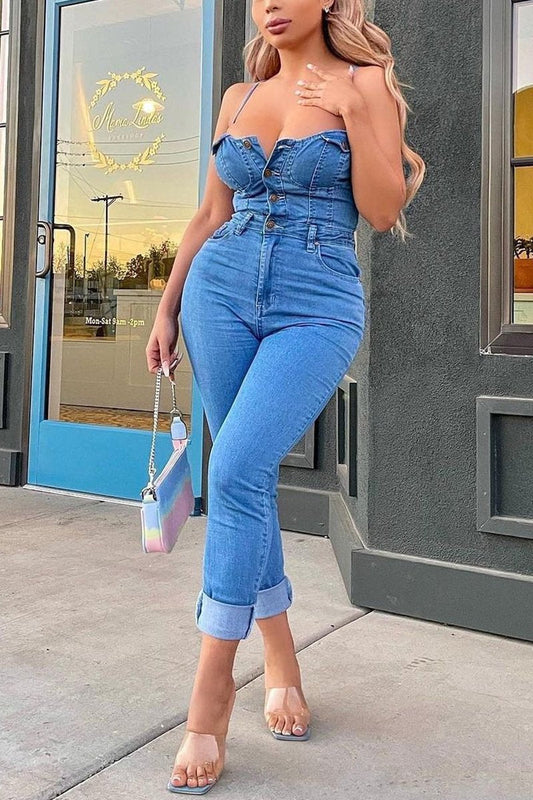 Plus Size Denim Spaghetti Straps Sleeveless Jumpsuit