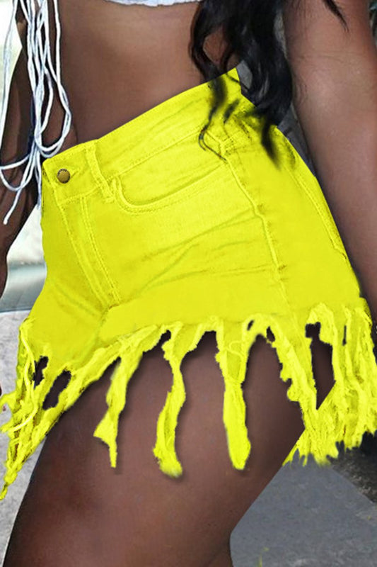 Plus Size Denim Tassel Hem Pocket Shorts