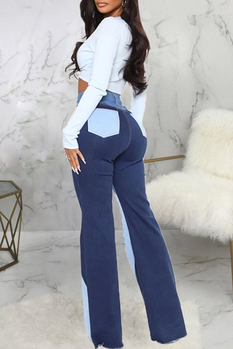 Plus Size Denim Patchwork Button Up Flared Jeans