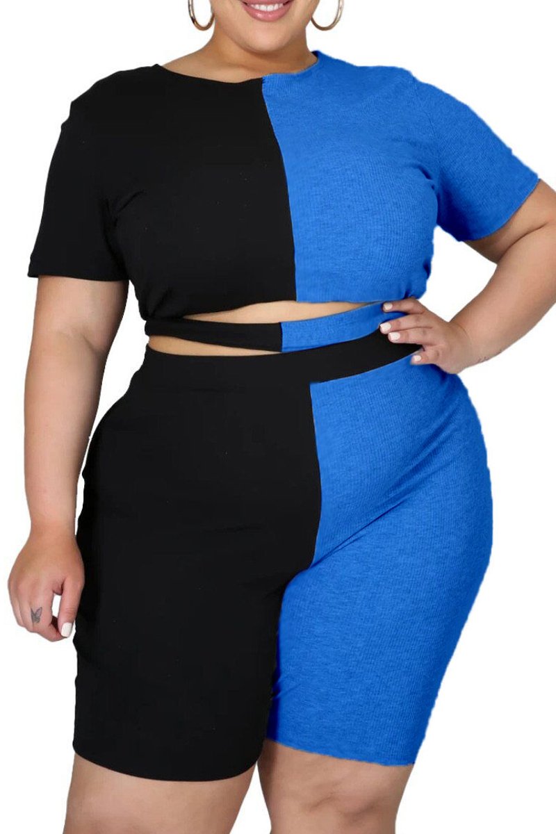 Plus Size Color Patchwork Cutout Two Piece Sets