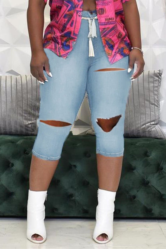 Plus Size Drawstring Hole Distressed Jeans