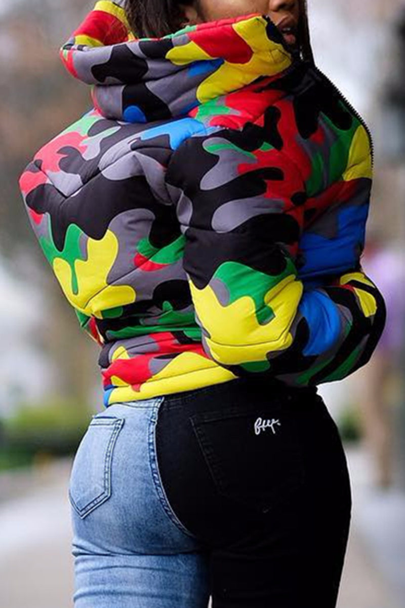 Plus Size Colorful Camouflage Print Zipper Jacket