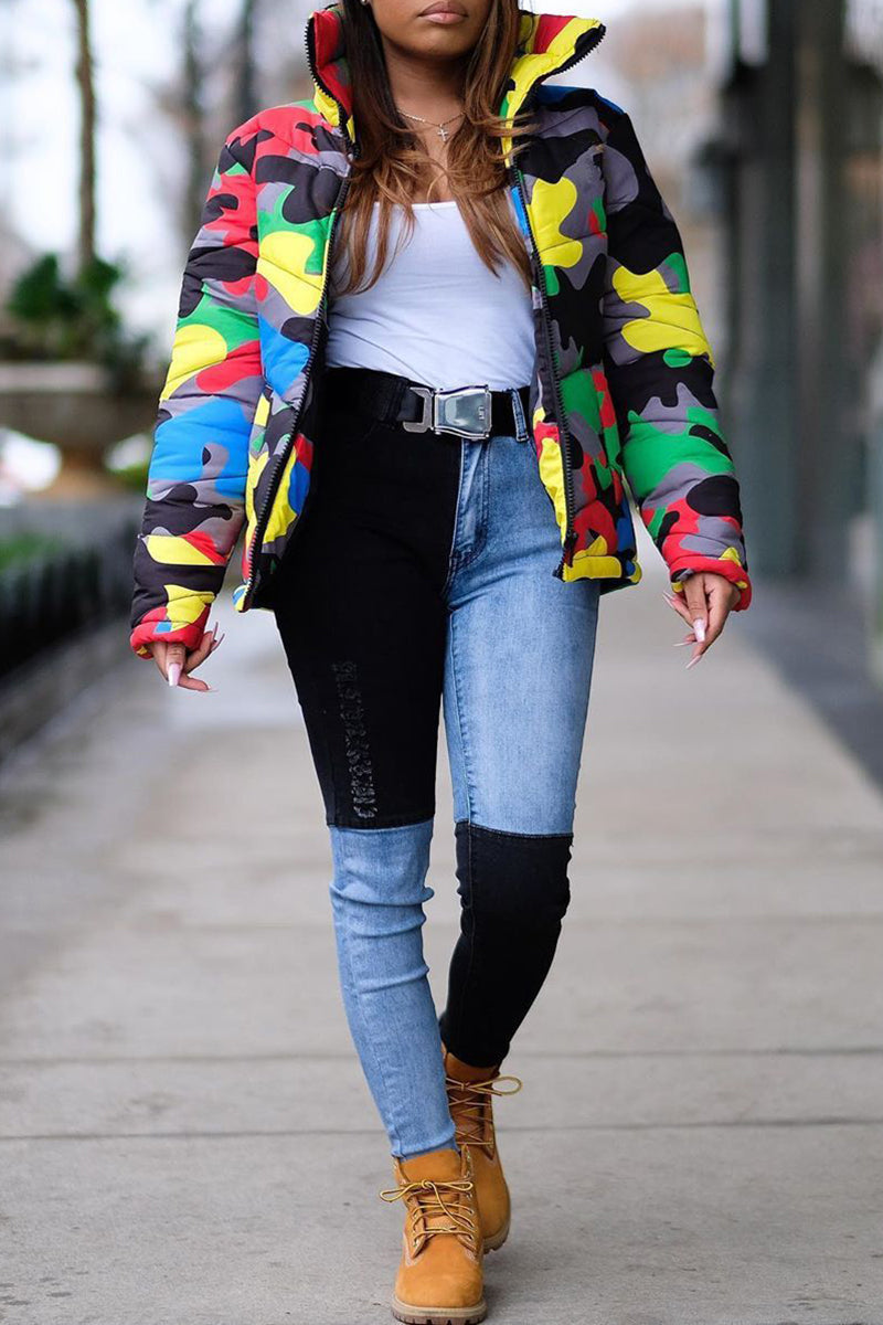 Plus Size Colorful Camouflage Print Zipper Jacket