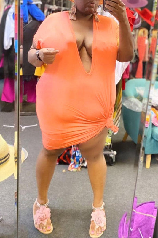 Plus Size Deep V-Neck Twisted Solid Midi Dress
