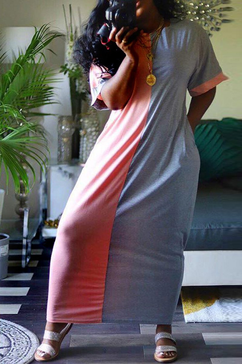 Plus Size Color Block Short Sleeve Casual Maxi Dress