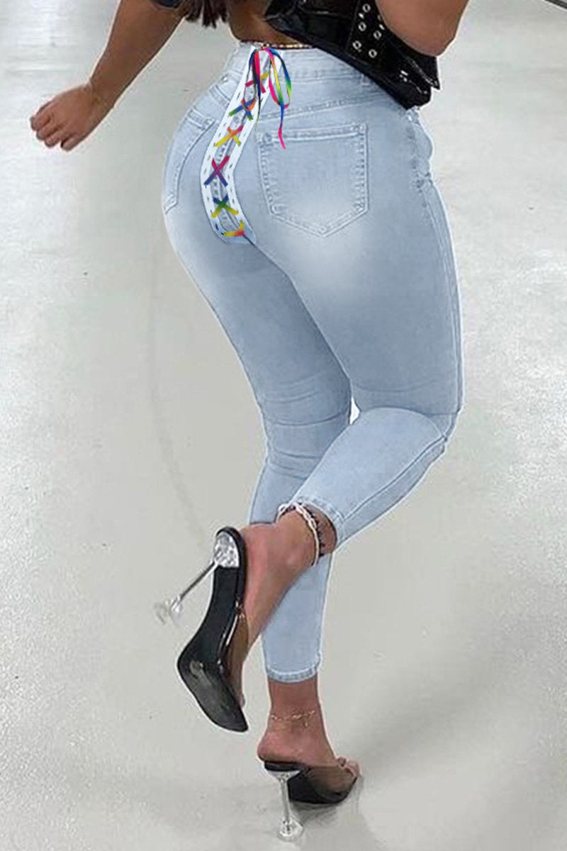 Plus Size Denim Back Colorful Strapped Jeans