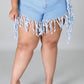 Plus Size Denim Tassel Hem Pocket Shorts