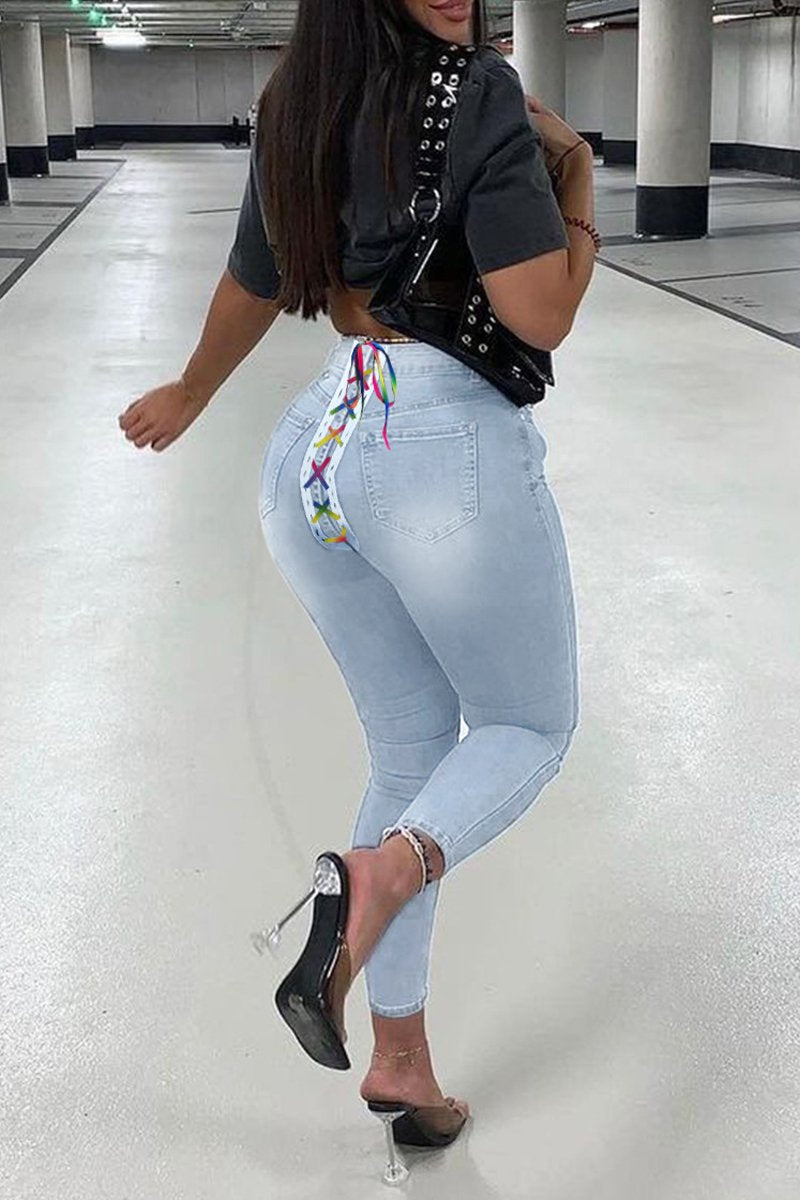 Plus Size Denim Back Colorful Strapped Jeans