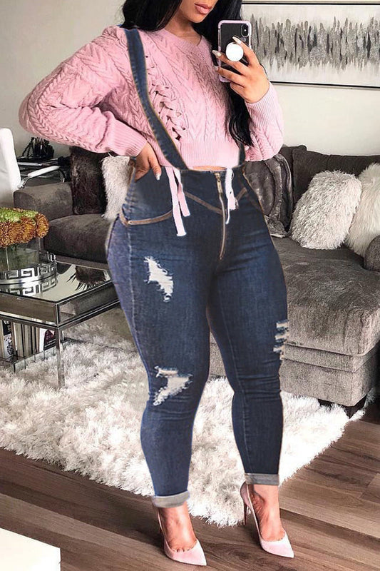 Plus Size Denim Distressed Suspender Pants