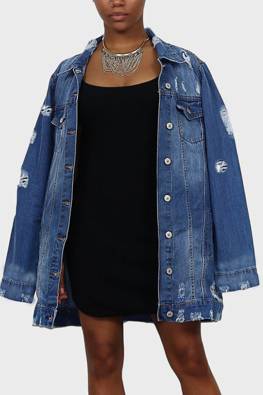 Plus Size Denim Distressed Turndown Collar Jacket