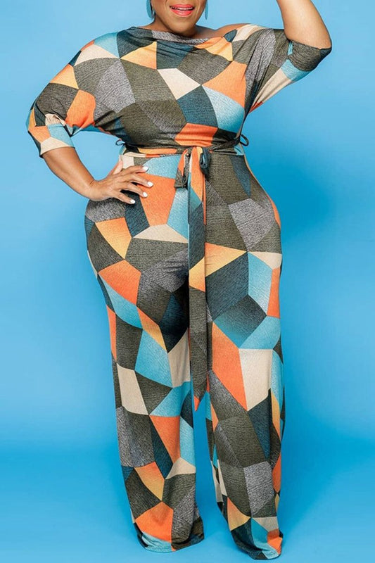 Plus Size Digital Print Lace-up Jumpsuit