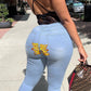 Plus Size Fire Print Denim High Waist Skinny Jeans