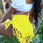 Plus Size Denim Tassel Hem Pocket Shorts