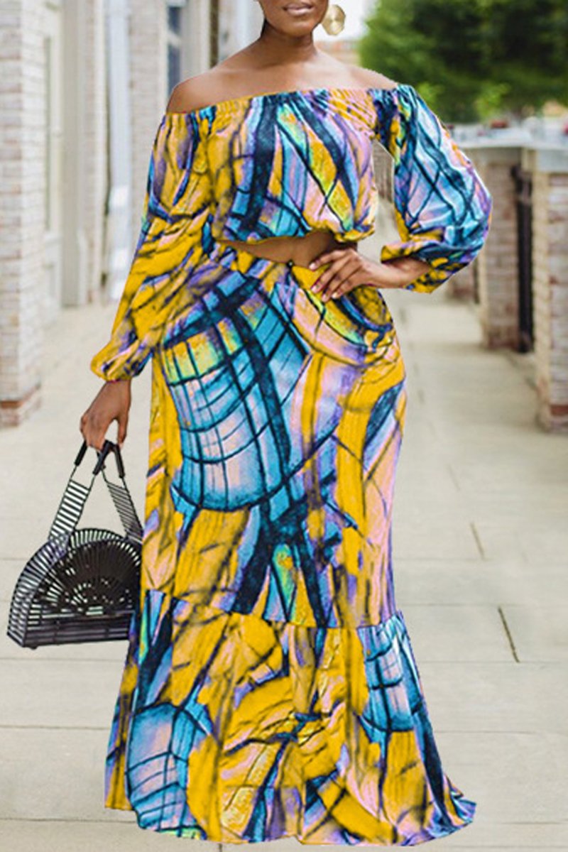 Plus Size Digital Print Puff Sleeve Two Piece Sets