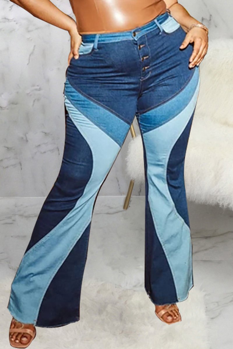 Plus Size Denim Patchwork Button Up Flared Jeans