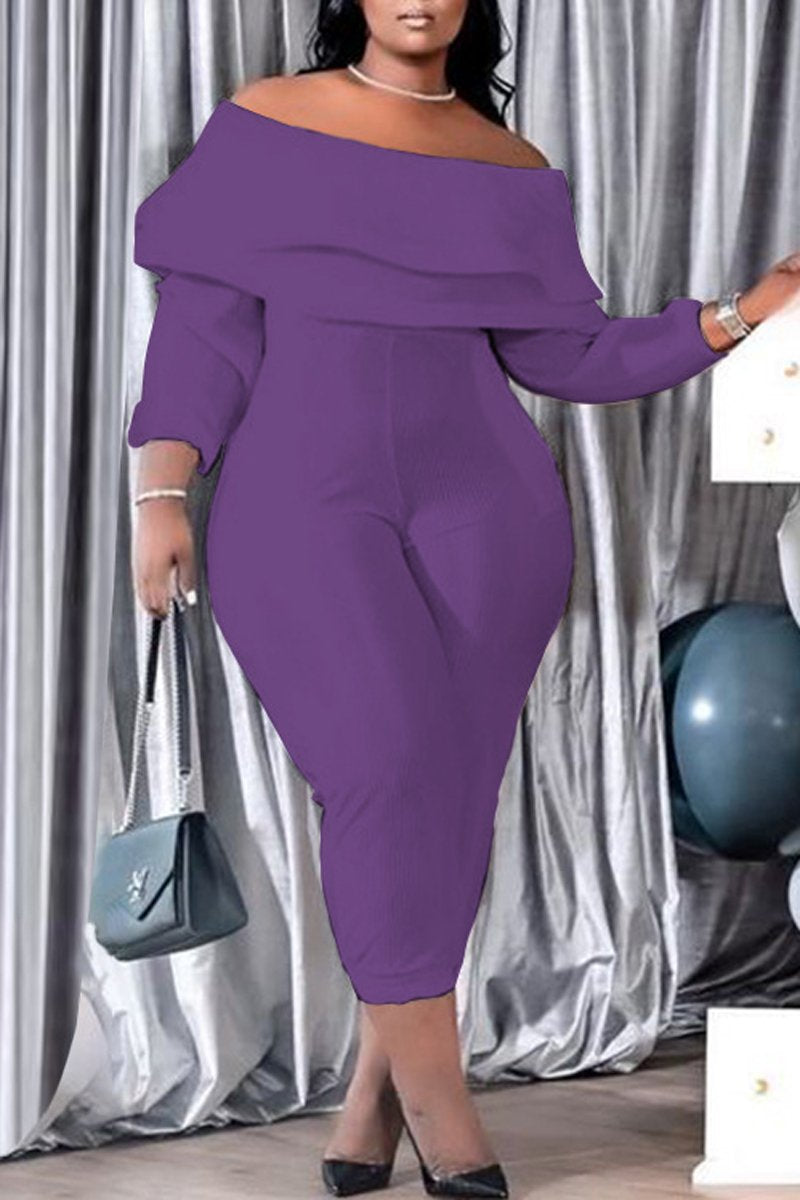 Plus Size Boat Neck Ruffle Long Sleeve Jumpsuit