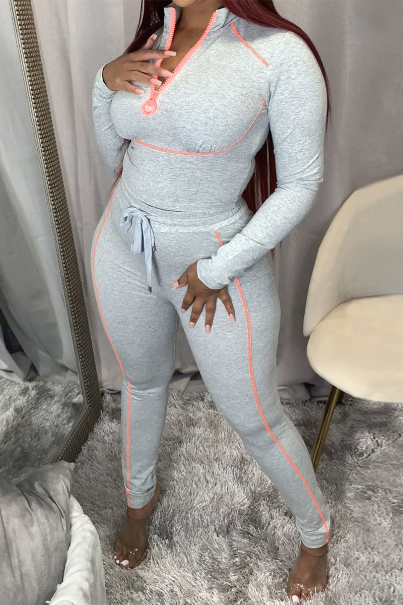 Plus Size Drawstring Zipper Collar Two Piece Sets