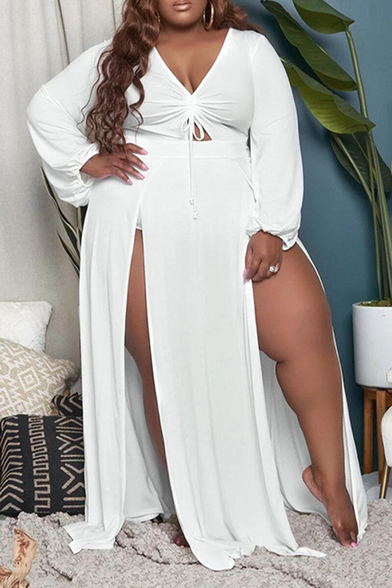 Plus Size Deep V-Neck Drawstring Slit Maxi Dress