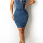 Plus Size Denim Lace Up Spaghetti Straps Dress