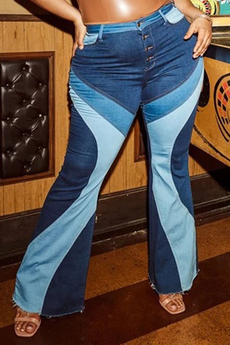 Plus Size Denim Patchwork Button Up Flared Jeans
