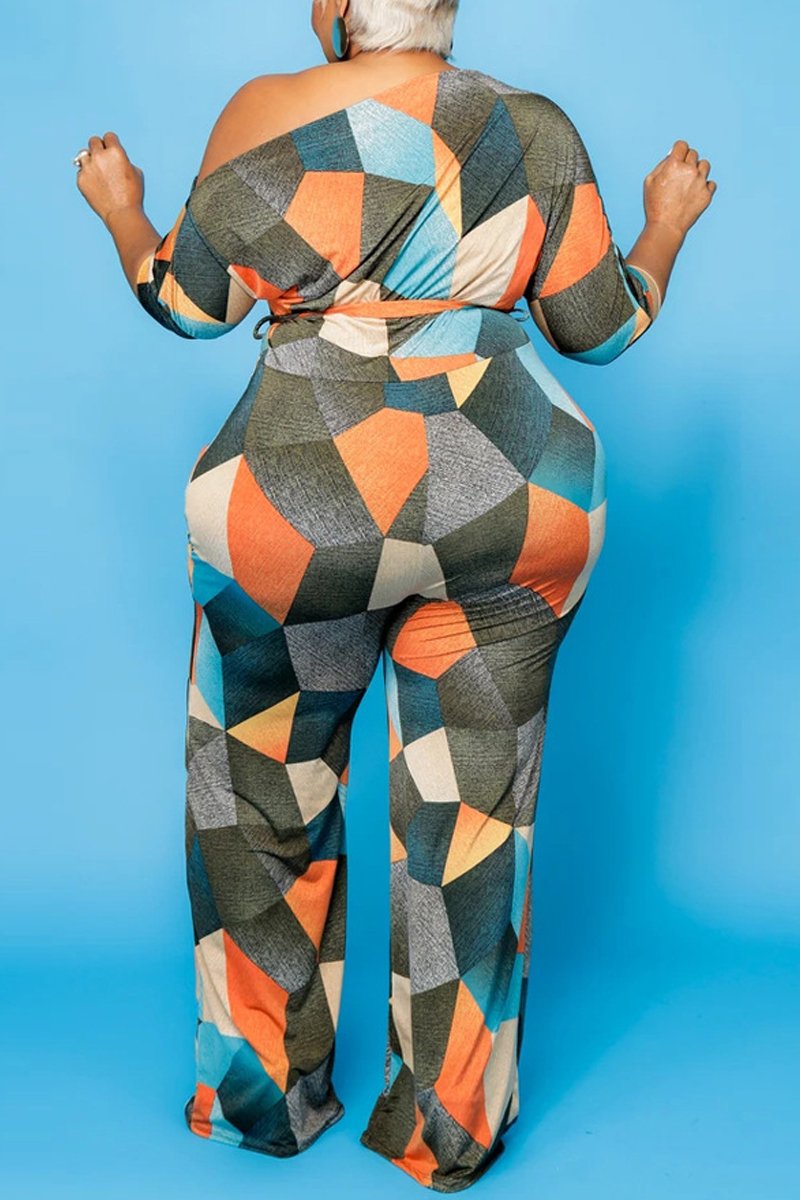Plus Size Digital Print Lace-up Jumpsuit