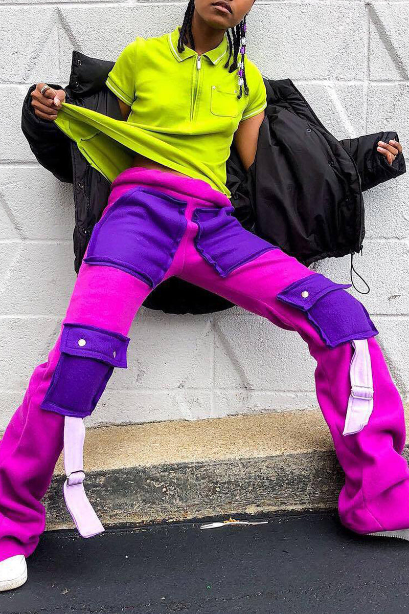 Plus Size Color Block Pocket Patchwork Pants
