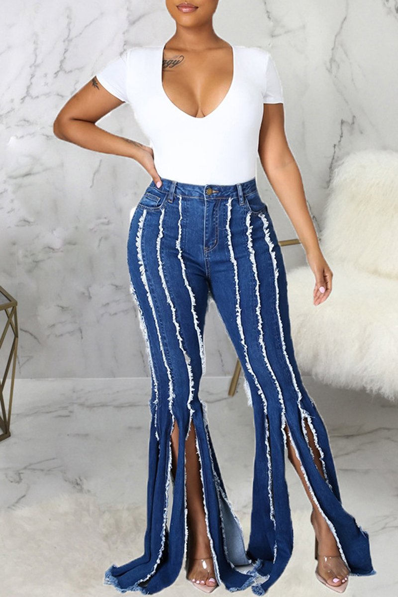 Plus Size Denim Tassel Hem Flared Jeans