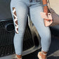 Plus Size Denim Side Bandage Mid Waist Jeans